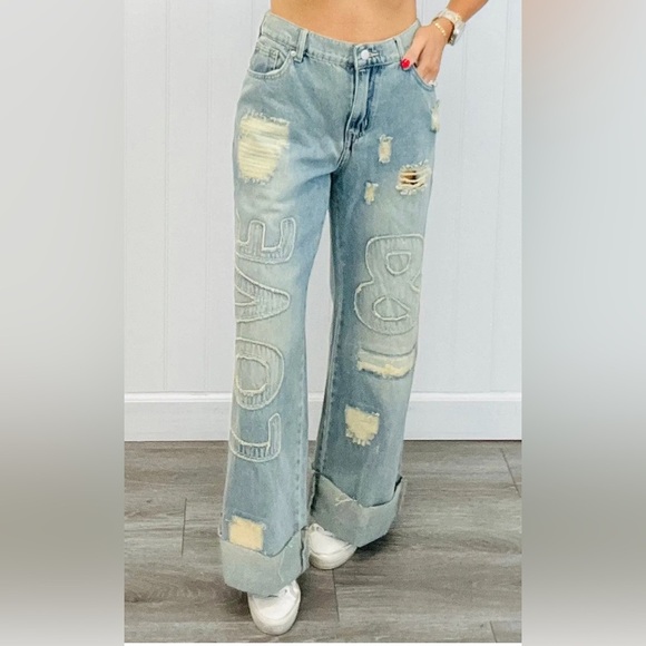 Oli & Hali Love Patch Wide Leg Baggy Denim Pants size Large Boho Distressed NWOT - Picture 2 of 13